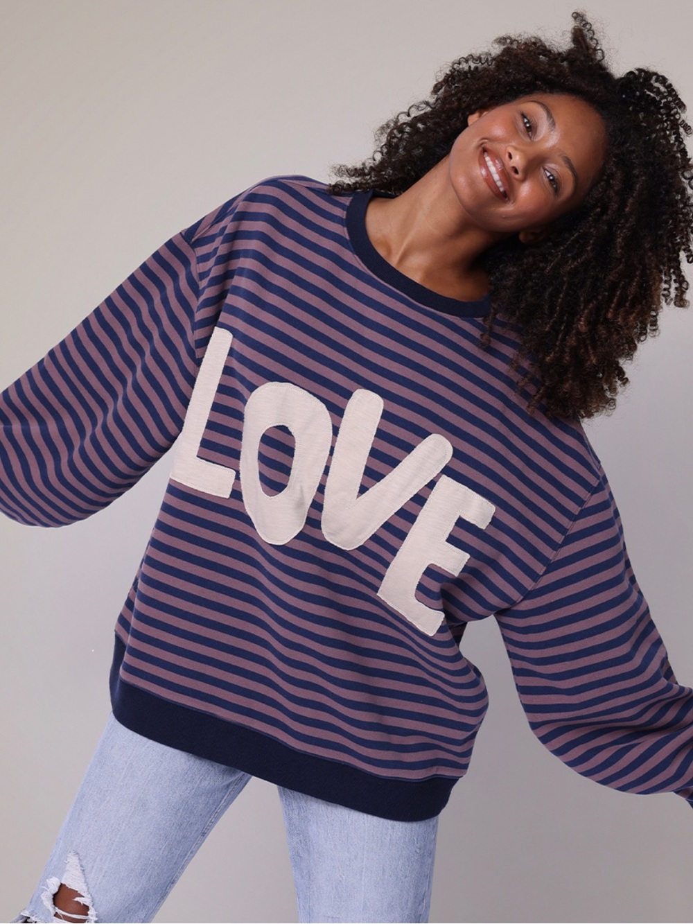 NWT Natural Life Oversized Striped Crewneck Love Sweatshirt, Blue & Mauve – L/XL